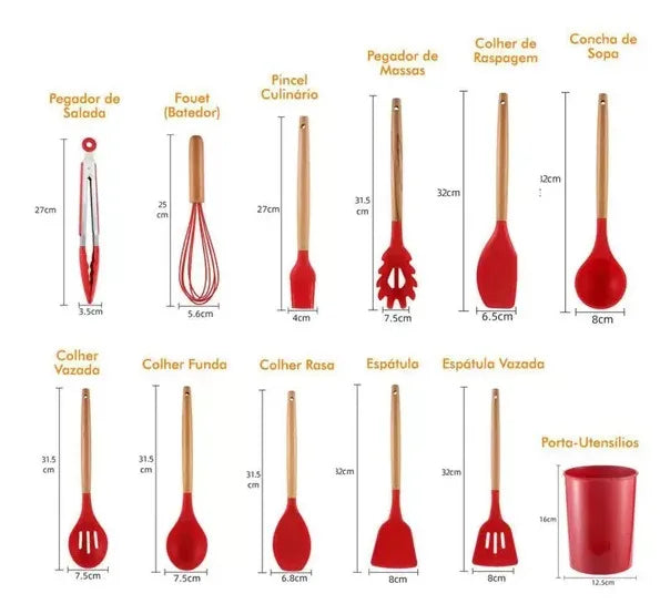 Kit Jogo 12 Peças Utensílios de Cozinha Silicone Colher Espátula cozinha Livre de BPA Antiaderente com Suporte