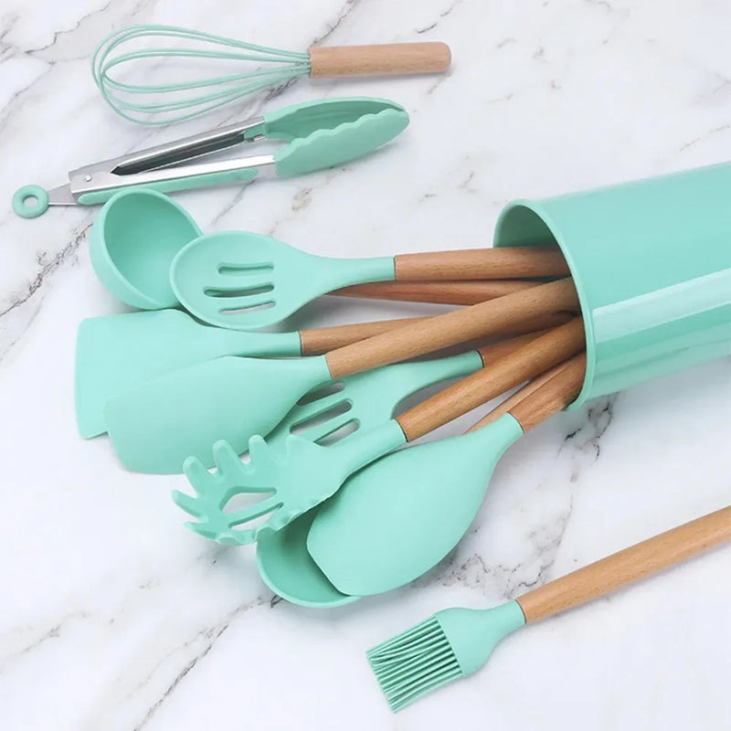 Kit Jogo 12 Peças Utensílios de Cozinha Silicone Colher Espátula cozinha Livre de BPA Antiaderente com Suporte