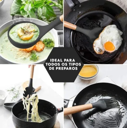 Kit Jogo 12 Peças Utensílios de Cozinha Silicone Colher Espátula cozinha Livre de BPA Antiaderente com Suporte