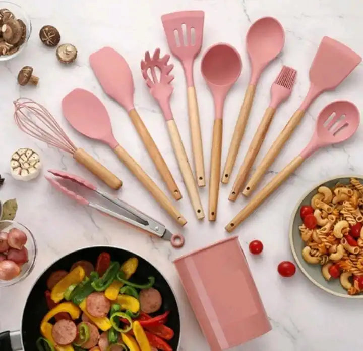 Kit Jogo 12 Peças Utensílios de Cozinha Silicone Colher Espátula cozinha Livre de BPA Antiaderente com Suporte